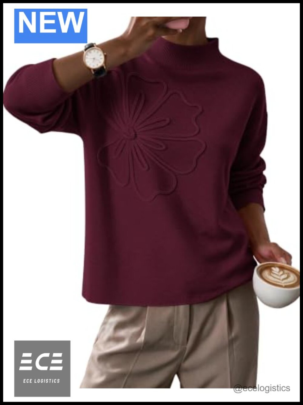 Mock Neck Floral Knit Pullover Sweater Women's Long Sleeve